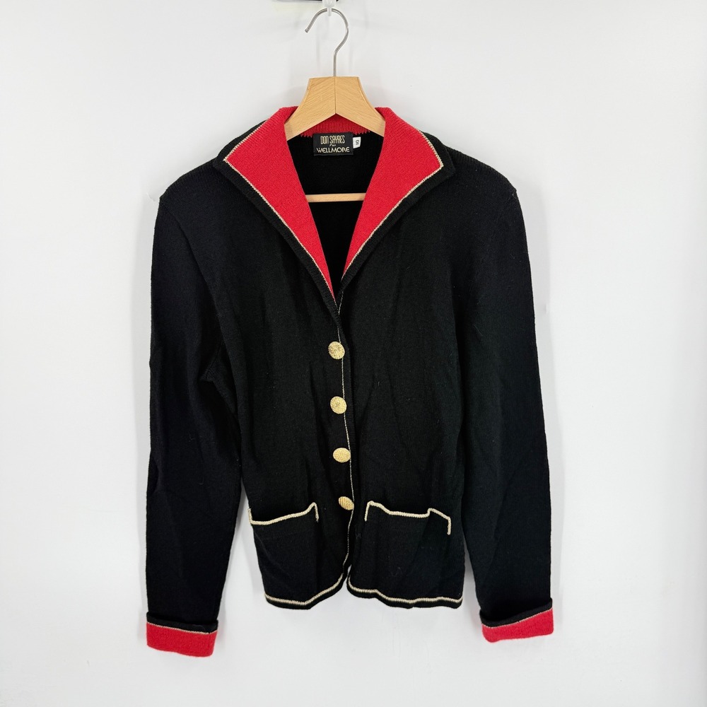 Vintage Don Sayres for Wellmore Cardigan Black 10 Wool Gold Button Trim Knit